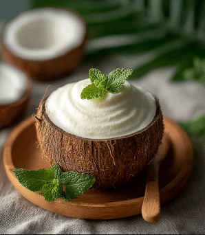 Creamy coconut ice cream in shell with whipped texture and mint topping