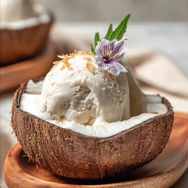 coconut sorbet in shell close-up creamy dessert