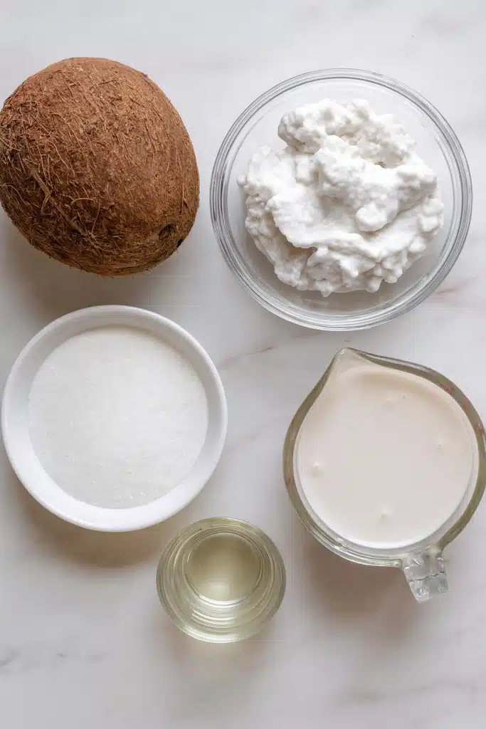 Coconut Sorbet in Shell – The Ultimate Vegan Dessert for Summer 5 Flat lay of ingredients for coconut sorbet in shell
