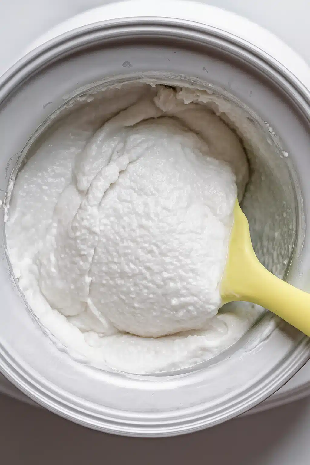 coconut-sorbet-in-shell-scooping Scooping creamy coconut sorbet from machine – coconut sorbet in shell