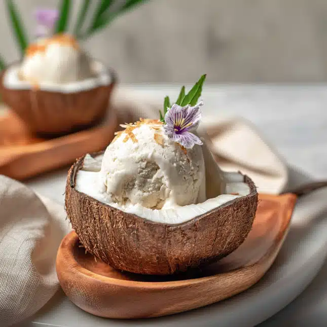 coconut sorbet in shell Coconut sorbet in shell with tropical garnish