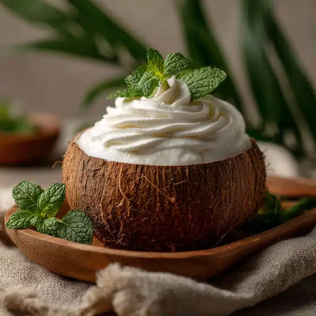 creamy-coconut-ice-cream-in-shell Coconut ice cream in shell topped with mint leaves