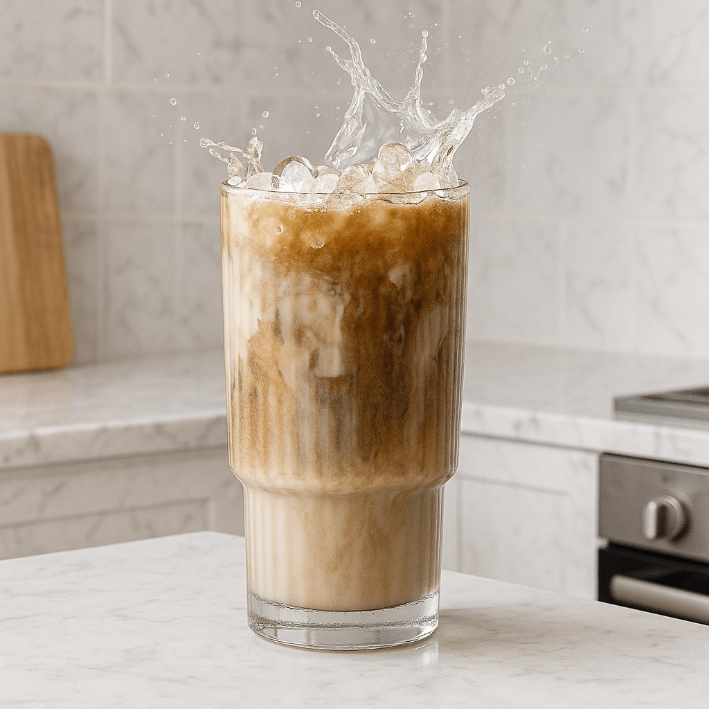 A tall glass of dirty protein soda mixed with cream and ice, placed on a white marble countertop in a modern kitchen.