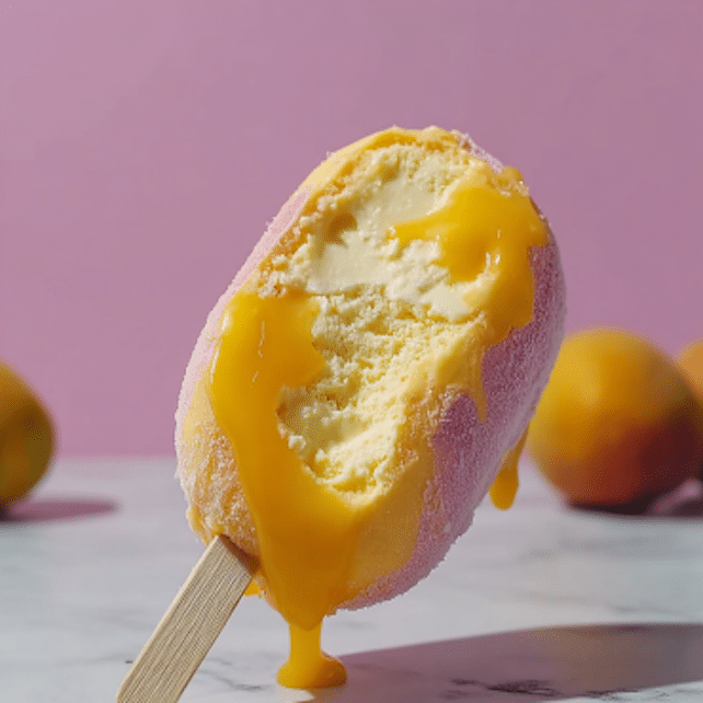 fumang propitious mango ice cream on stick with mango drizzle