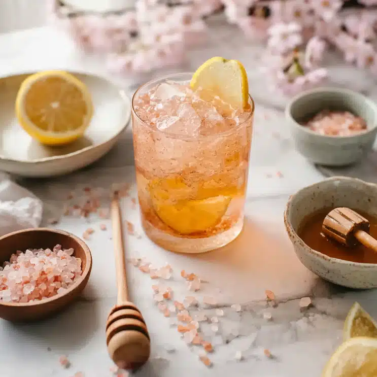 hanane0823_A_beautifully_styled_iced_detox_drink_with_Himalayan_f66cbf9b-bfae-4efc-bc30-c2942e994345 Glass of Japanese pink salt recipe drink with lemon slices, honey, and Himalayan salt on a marble surface with cherry blossoms