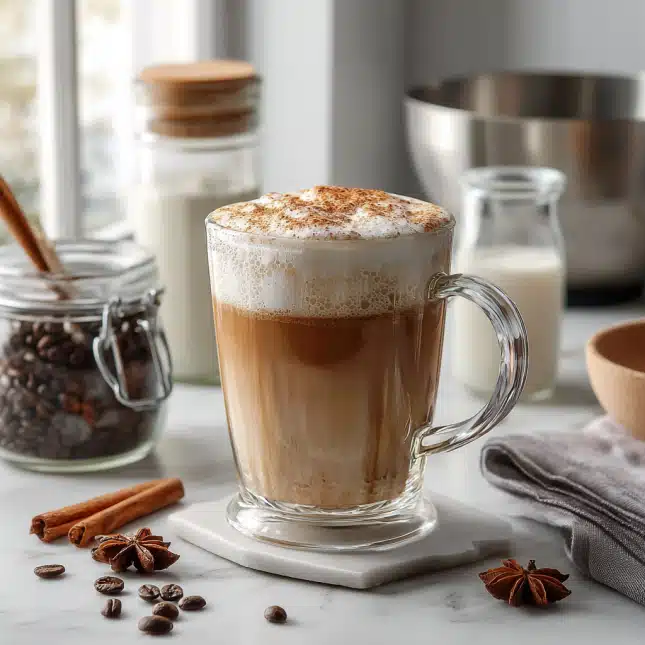 coffee loophole recipe in glass mug topped with cinnamon foam and surrounded by fresh ingredients coffee loophole recipe in glass mug topped with cinnamon foam and surrounded by fresh ingredients