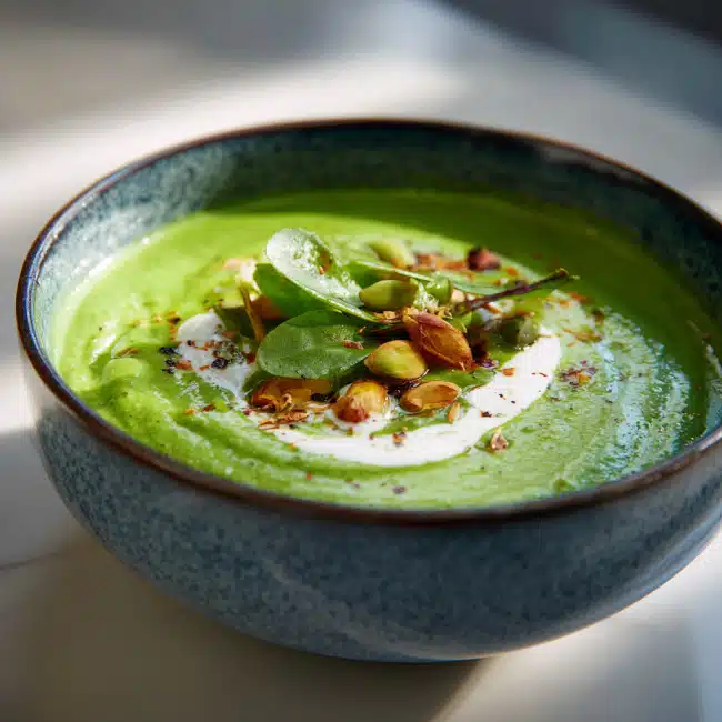 Natural Zepbound Recipe You’ll Love: Delicious, Filling, and Made to Burn Fat 6 Vibrant green gut-friendly soup garnished with yogurt, herbs, and seeds in a rustic ceramic bowl