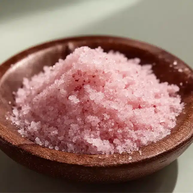 Close-up of fine Japanese pink salt in a wooden bowl – used in a traditional Japanese pink salt recipe for hydration and wellness Close-up of fine Japanese pink salt in a wooden bowl – used in a traditional Japanese pink salt recipe for hydration and wellness