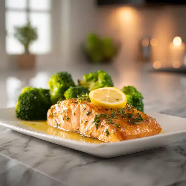 Natural Zepbound Recipe You’ll Love: Delicious, Filling, and Made to Burn Fat 7 Juicy lemon garlic salmon fillet topped with lemon slice, served with steamed broccoli on a white plate