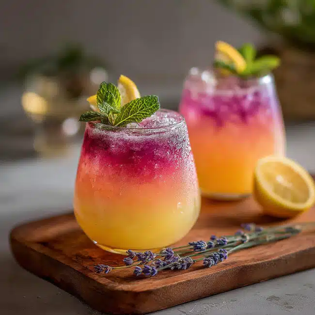 Brazilian Mounjaro Recipe: The Proven 3-Ingredient Wellness Drink You Need Now 6 Brazilian Mounjaro drink with yellow and purple layers, garnished with mint in a glass on a tray