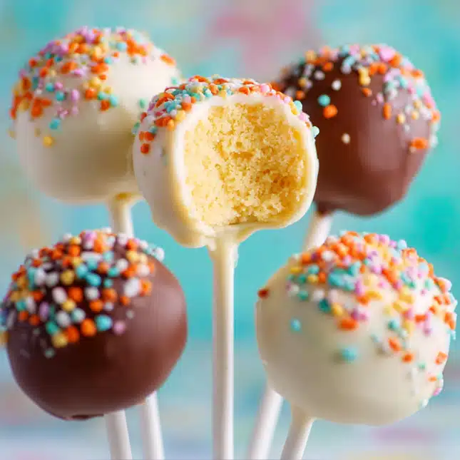Vanilla cake popsicles recipe with sprinkles and a bite taken out, displayed upright Vanilla cake popsicles recipe with sprinkles and a bite taken out, displayed upright
