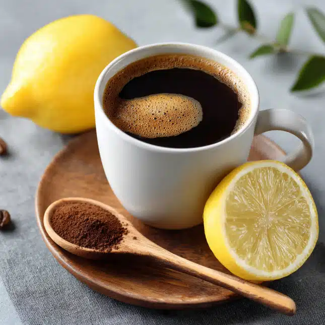 coffee lemon weight loss drink in a white cup with fresh lemon and ground coffee coffee lemon weight loss drink in a white cup with fresh lemon and ground coffee