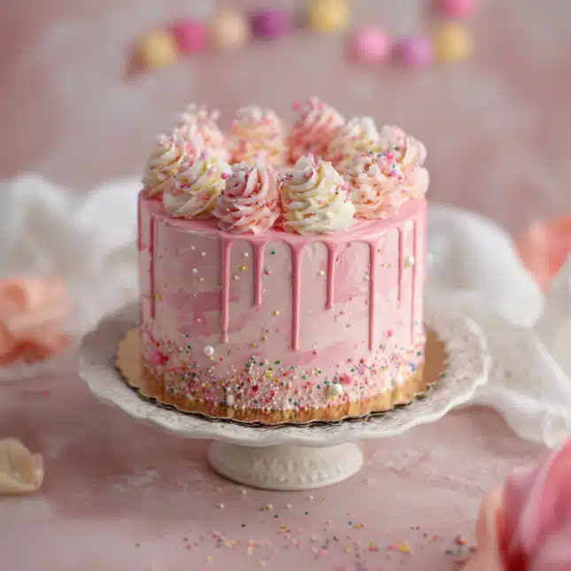 Pink birthday cake with buttercream swirls and sprinkles Pink birthday cake with buttercream swirls and sprinkles