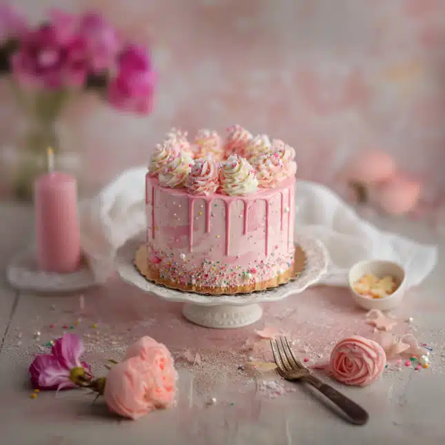 Pink birthday cake with buttercream swirls and sprinkles Pink birthday cake with buttercream swirls and sprinkles
