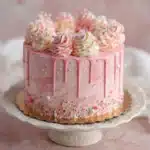 pink birthday cake with buttercream and sprinkles