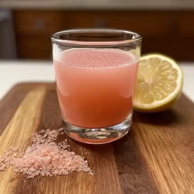 Pink Salt Trick Recipe That Boosts Energy & Slims You 7 A glass of pink salt trick drink with lemon on a wooden board, next to Himalayan salt crystals