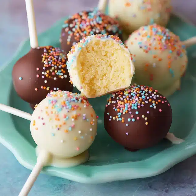 Close-up of vanilla and chocolate cake popsicles recipe with colorful sprinkles on a plate Close-up of vanilla and chocolate cake popsicles recipe with colorful sprinkles on a plate