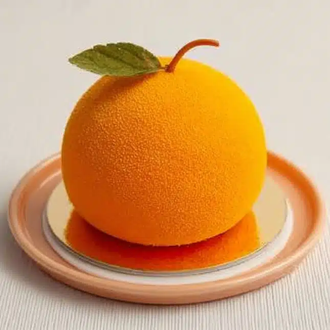 minimalist-orange-shaped-pastry Elegant orange shaped pastry with velvet finish and green leaf garnish