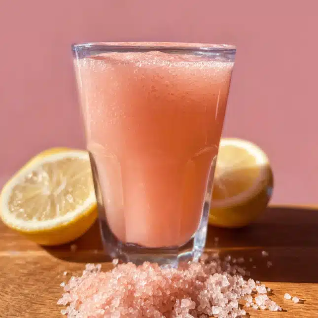 pink-salt-diet-recipe-detox Refreshing glass of pink salt diet recipe with lemon halves on a wooden surface