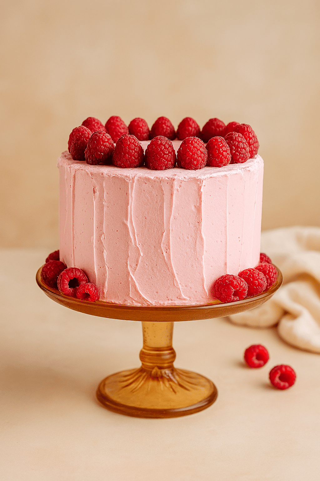 Whole Raspberry Cheese Danish Cake with raspberry buttercream and fresh raspberries