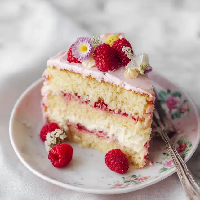 Slice of Raspberry Cheese Danish Cake with fresh raspberries and edible flowers Slice of Raspberry Cheese Danish Cake with fresh raspberries and edible flowers