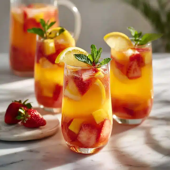 strawberry-mango-lemonade-recipe-card Glass pitcher of strawberry mango lemonade