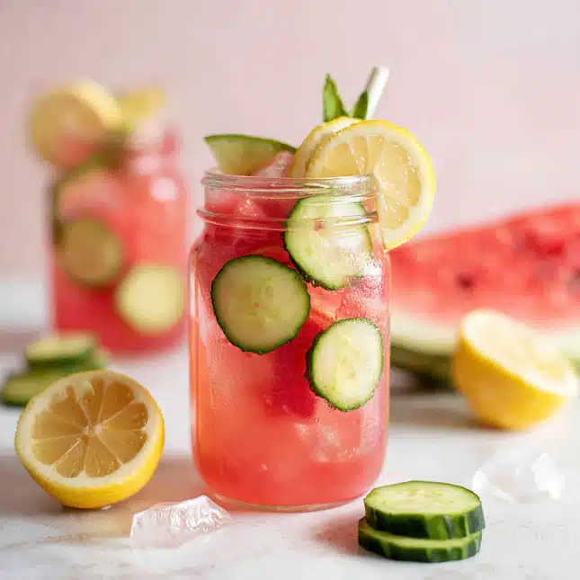 Watermelon cucumber lemon water in glass pitcher with lemon and mint