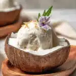 coconut sorbet in shell close-up creamy dessert