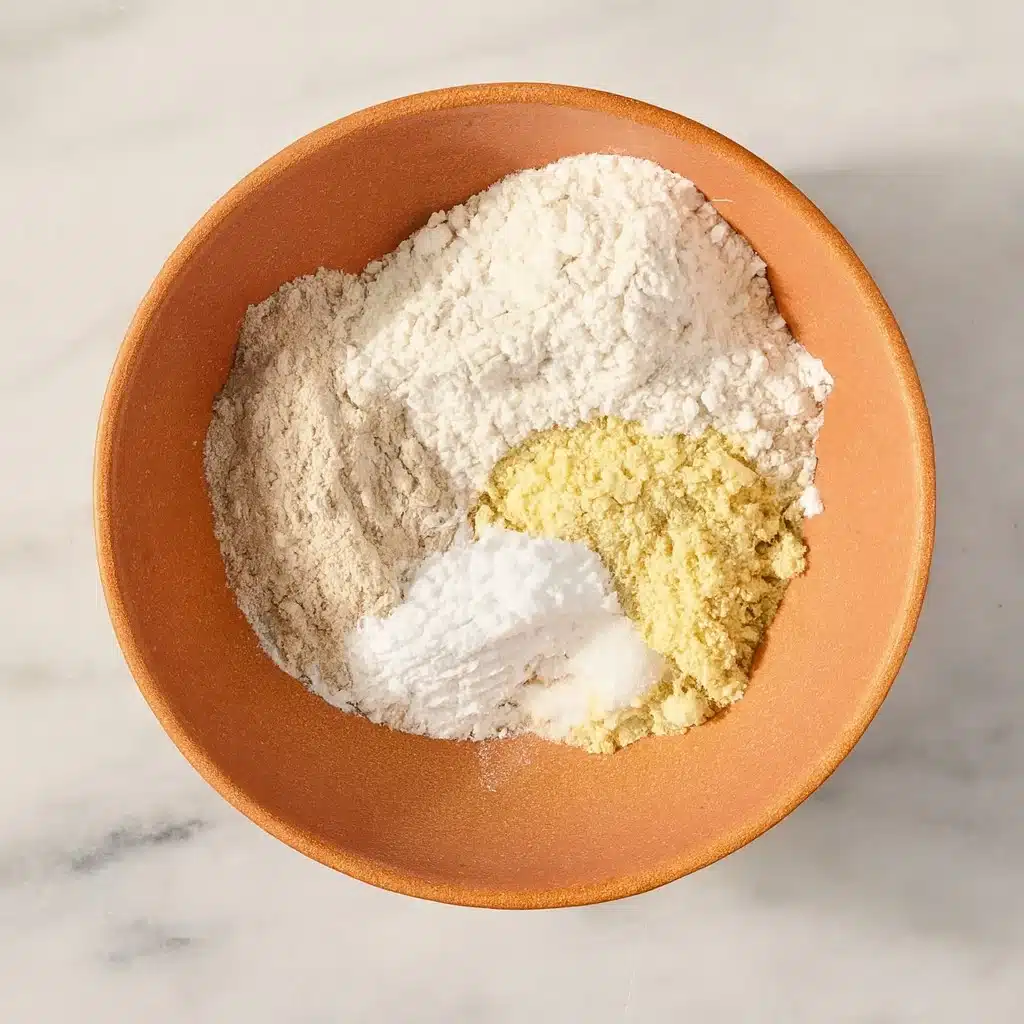 Mixing flour, almond flour, protein powder, and baking powder for strawberry protein muffins in a brown bowl.