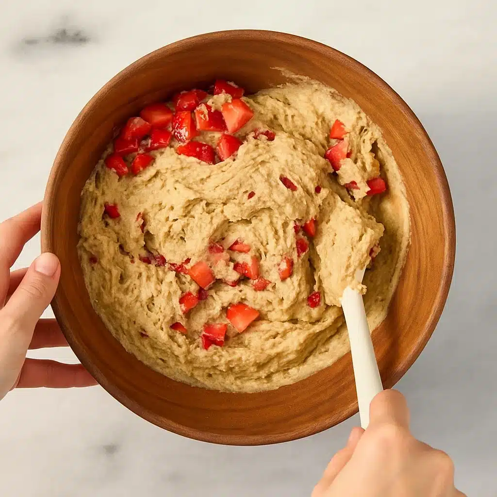 Folding fresh chopped strawberries into strawberry protein muffin batter in a wooden bowl