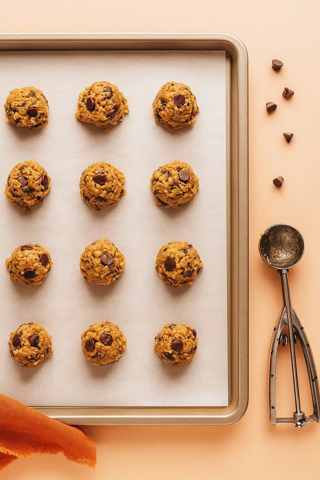 Raw seedy quinoa breakfast cookies dough balls arranged on a parchment-lined baking tray with a cookie scoop on the side