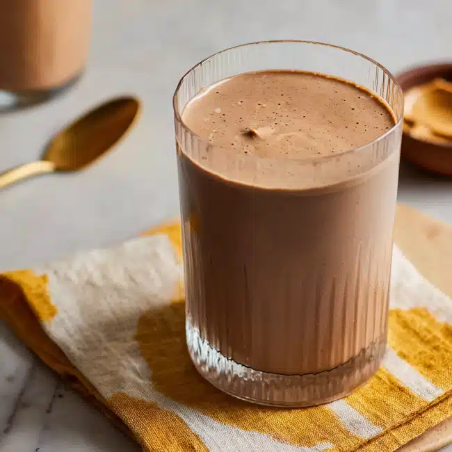 Chocolate-peanut butter protein shake on table