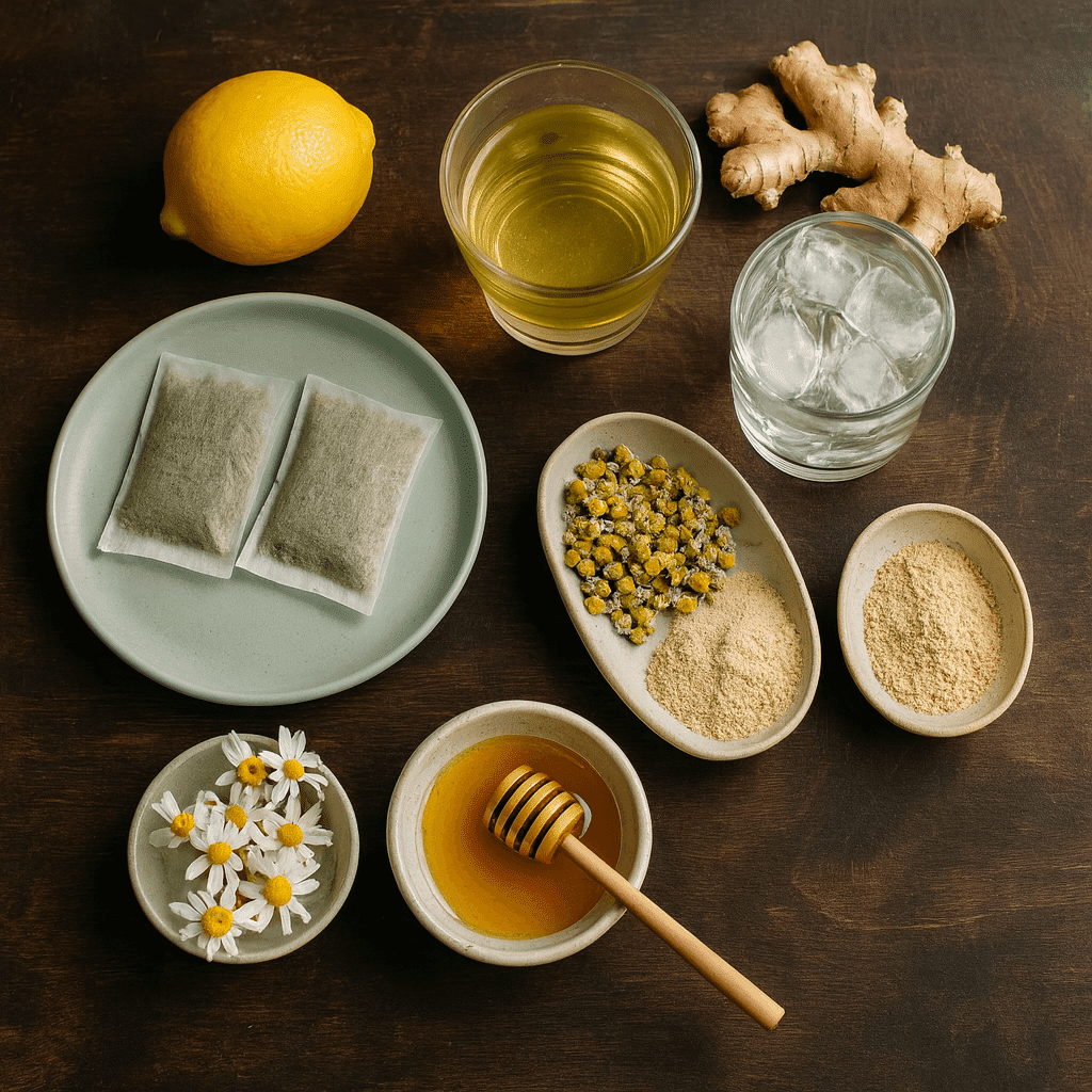 Cortisol cocktail ingredients for weight loss including green tea, chamomile, turmeric, and lemon