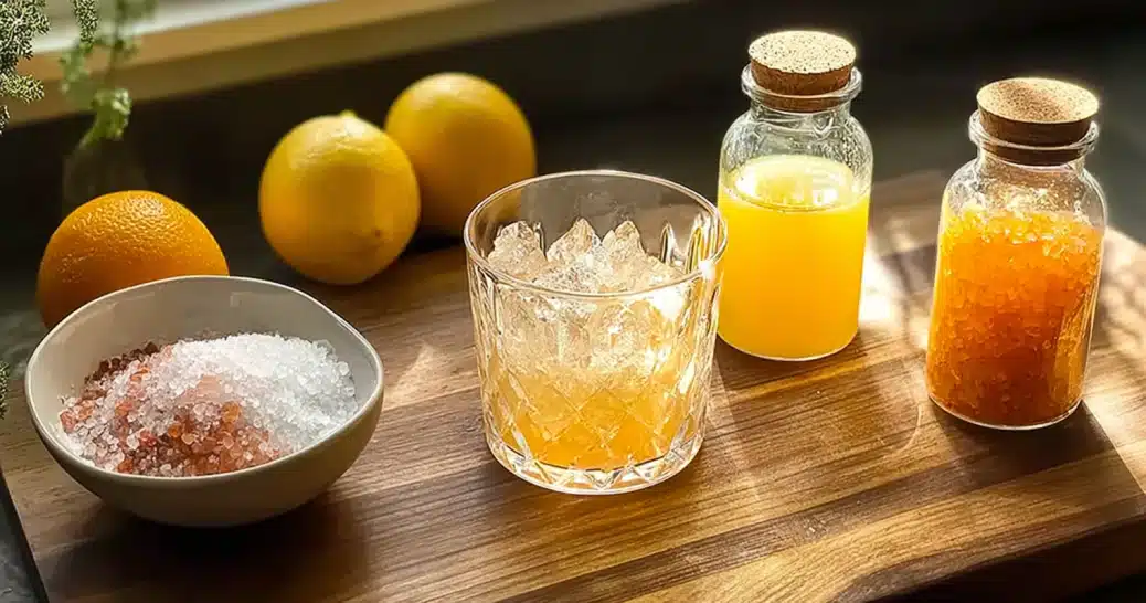 ngredients for cortisol cocktail recipe with orange juice, cream of tartar, and sea salt