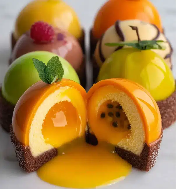 Fruit shaped desserts with glossy coatings, including mango and apple pastries, with a passion fruit filling oozing from the center.