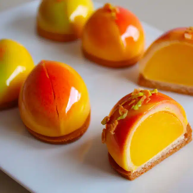 Glossy mango shaped dessert sliced open to reveal mousse and fruit insert
