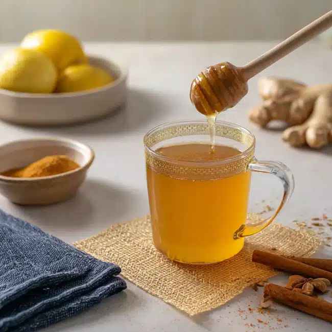Honey trick recipe with lemon, ginger, and cinnamon in a warm drink