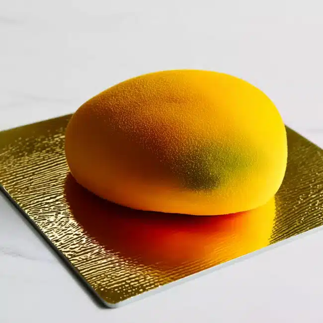 Mango shaped dessert with velvet-textured shell on golden board