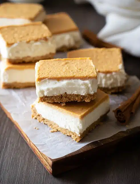 No bake sweet potato cheesecake bars on rustic table