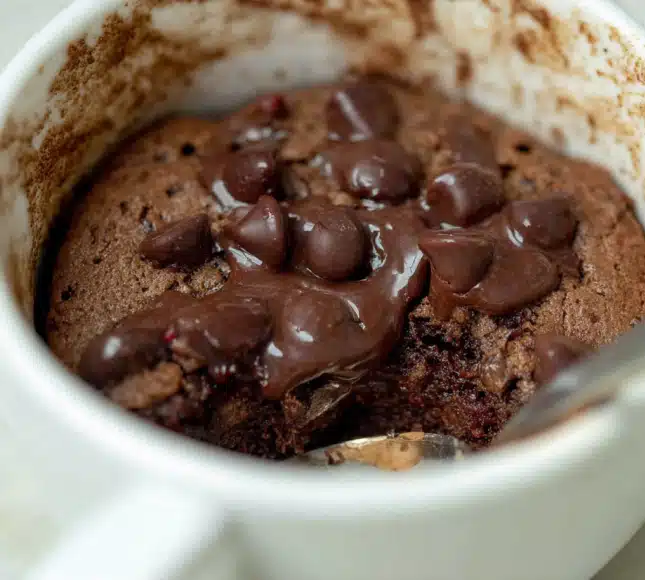 Protein mug cake recipe in white mug topped with melted chocolate