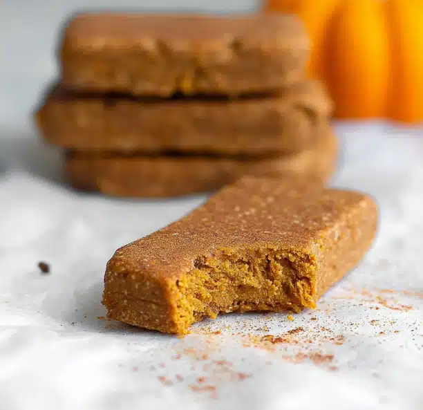 Close-up of homemade pumpkin protein bars recipe with bite taken