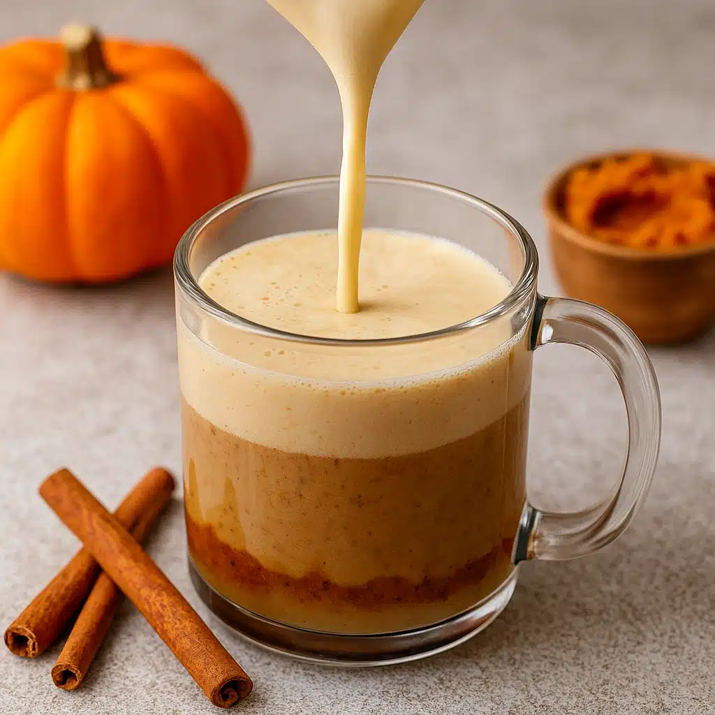 Pumpkin spice latte recipe with milk being poured into espresso and pumpkin spice mixture