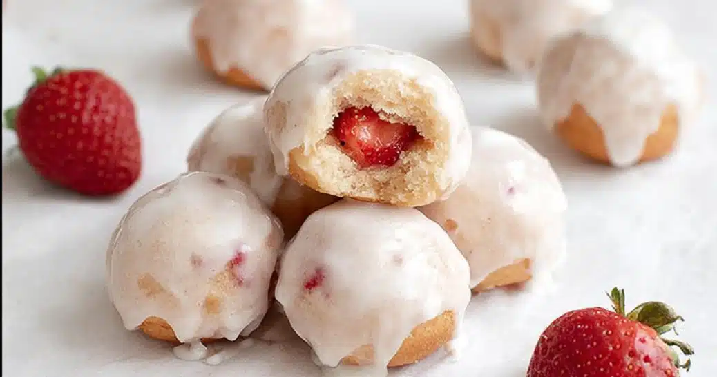 4 ingredient keto strawberry cottage cheese donuts with glaze and strawberries
