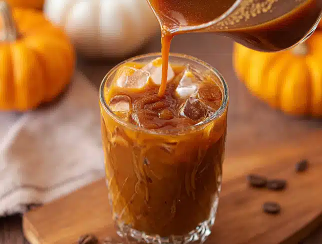 Vanilla pumpkin marshmallow coffee syrup poured over iced coffee