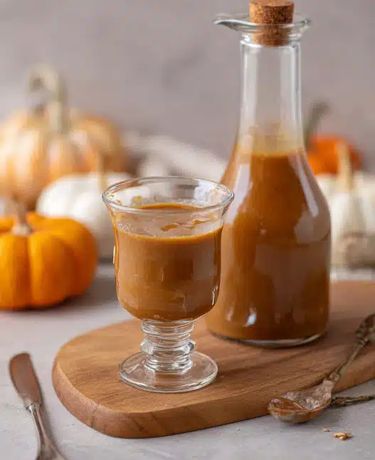 Vanilla pumpkin marshmallow coffee syrup in a glass and jar on wooden board