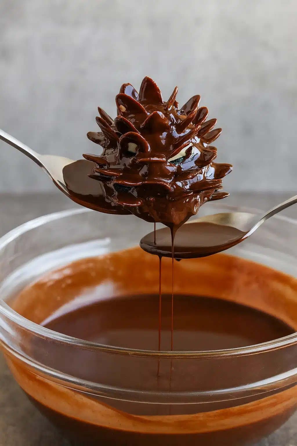 Pine cone brownie being dipped in melted chocolate using two spoons over a glass bowl.