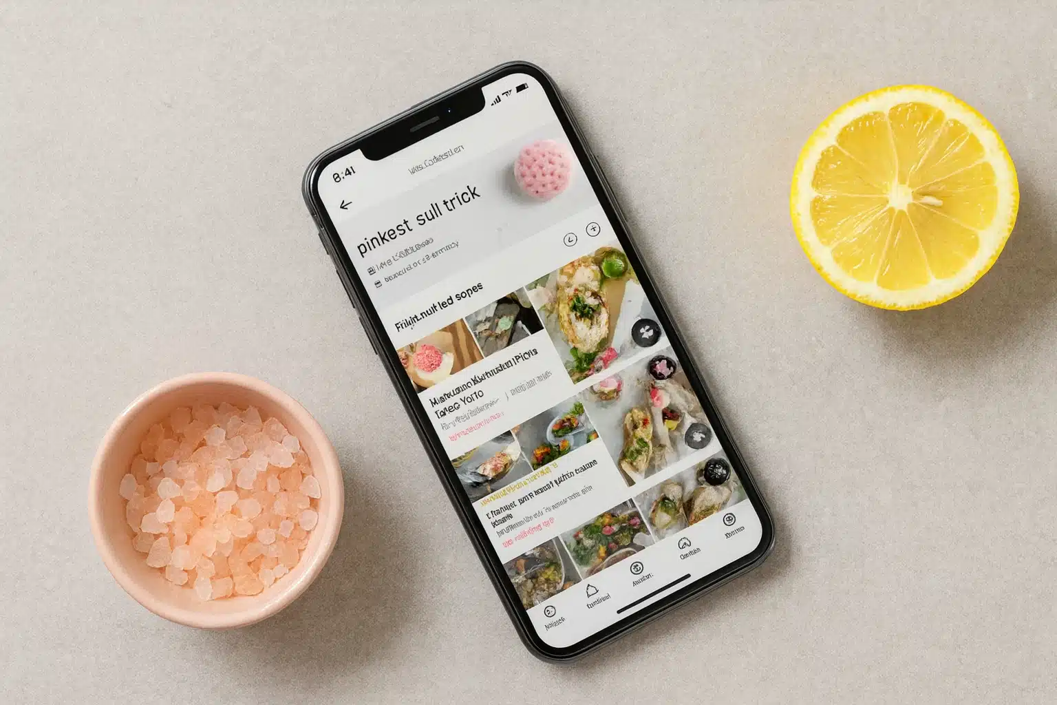 Smartphone displaying pink salt trick app, next to a pink salt bowl and lemon, illustrating Dr. Wendy Suzuki pink salt trend on social media.