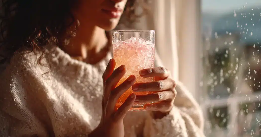 woman holding glass of pink salt and ice water for weight loss