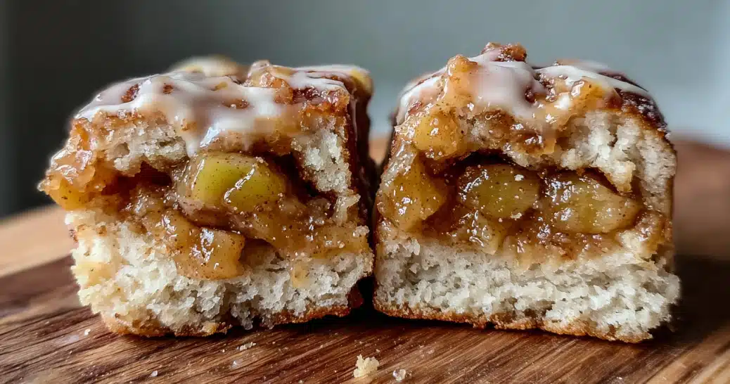 apple-pie-maple-donut-bars-filling Inside view of Apple Pie Maple Donut Bars with gooey apple pie filling and maple glaze