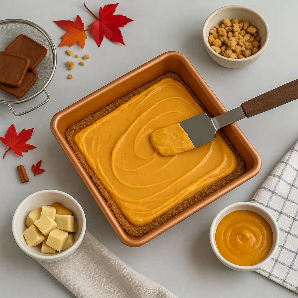 assembling-no-bake-pumpkin-biscoff-cheesecake-bars Spreading pumpkin filling over Biscoff crust for no bake pumpkin biscoff cheesecake bars